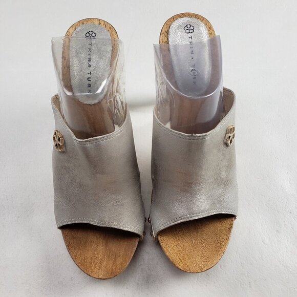 Trina Turk Palm Springs Lucite Heel Womens 9 Silver Wooden Slip On Platform Shoe - Picture 5 of 13